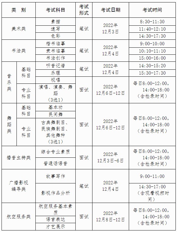 2023年普通高校招生艺术类专业全区统一考试科目及考试时间表